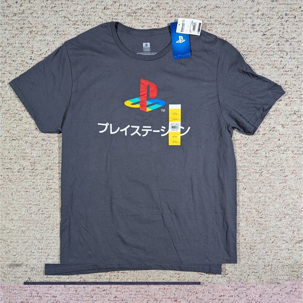 Sony Playstation T-Shirt Japanese Kanji Mens Large Gray Gamer Graphic Tee NWT